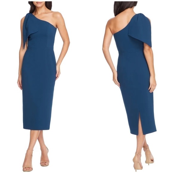 NWT Dress The Population Tiffany One Shoulder Midi Dress Blue Shoulder Bow Sz S - Picture 1 of 14